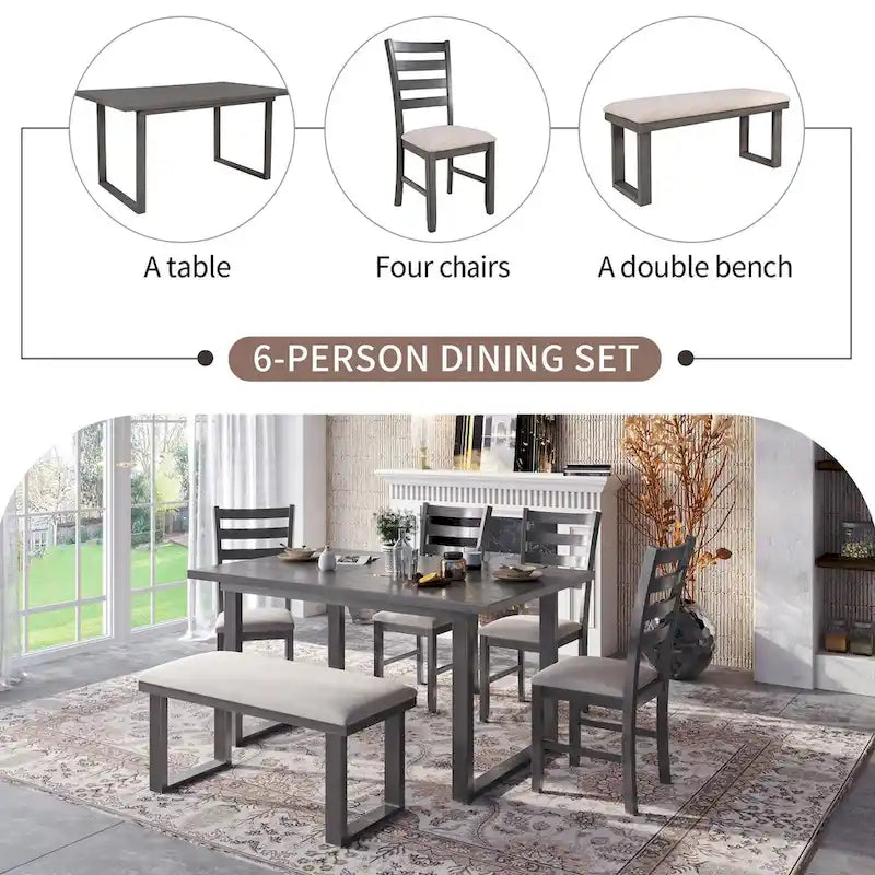 Ensemble de salle à manger 6 pièces avec table, 4 chaises et banc