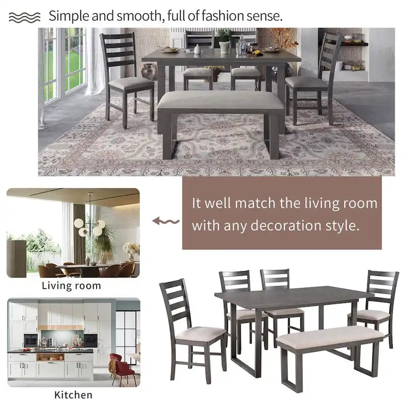 Ensemble de salle à manger 6 pièces avec table, 4 chaises et banc