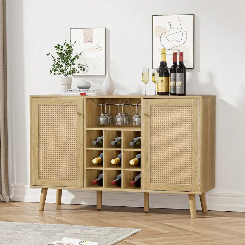 Buffet de cuisine Anmytek style ferme en bois et rotin, 2 portes, avec casier à bouteilles et porte-verres.