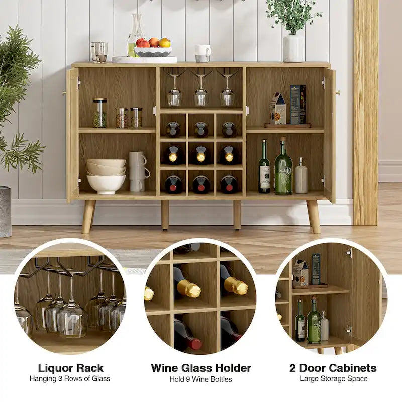 Buffet de cuisine Anmytek style ferme en bois et rotin, 2 portes, avec casier à bouteilles et porte-verres.