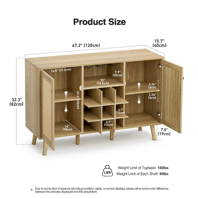 Buffet de cuisine Anmytek style ferme en bois et rotin, 2 portes, avec casier à bouteilles et porte-verres.