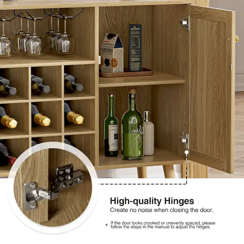 Buffet de cuisine Anmytek style ferme en bois et rotin, 2 portes, avec casier à bouteilles et porte-verres.