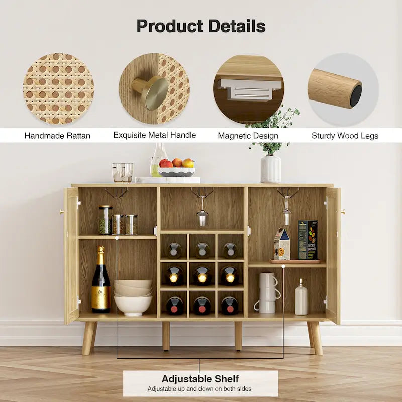 Buffet de cuisine Anmytek style ferme en bois et rotin, 2 portes, avec casier à bouteilles et porte-verres.