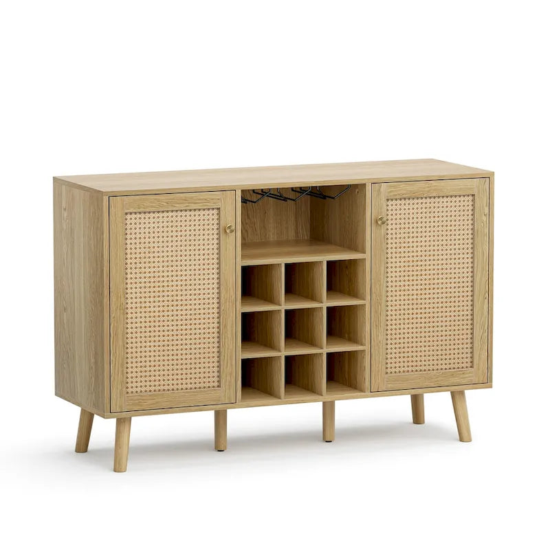 Buffet de cuisine Anmytek style ferme en bois et rotin, 2 portes, avec casier à bouteilles et porte-verres.