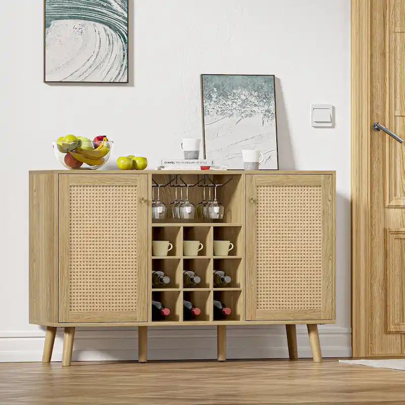 Buffet de cuisine Anmytek style ferme en bois et rotin, 2 portes, avec casier à bouteilles et porte-verres.
