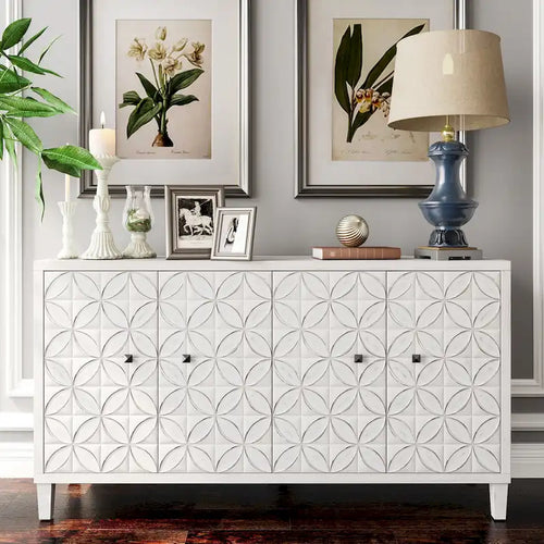 Buffet/meuble de rangement d'appoint moderne en bois blanc délavé à 4 portes de 152 cm (60 po)