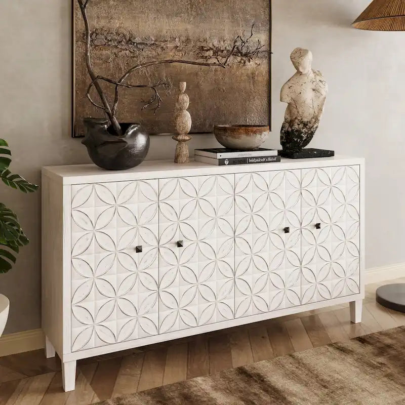 Buffet/meuble de rangement d'appoint moderne en bois blanc délavé à 4 portes de 152 cm (60 po)