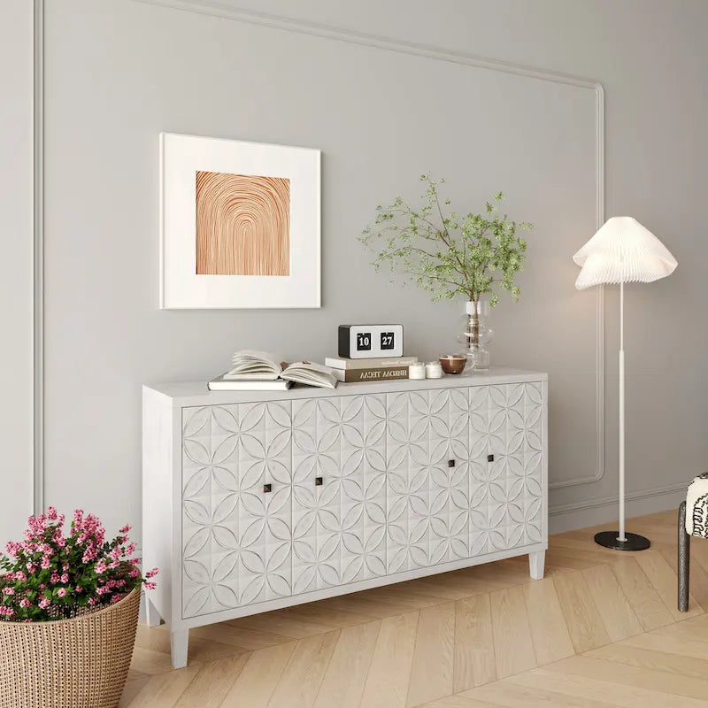 Buffet/meuble de rangement d'appoint moderne en bois blanc délavé à 4 portes de 152 cm (60 po)