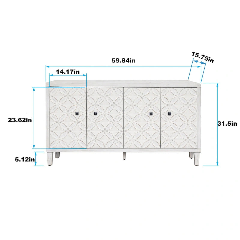 Buffet/meuble de rangement d'appoint moderne en bois blanc délavé à 4 portes de 152 cm (60 po)