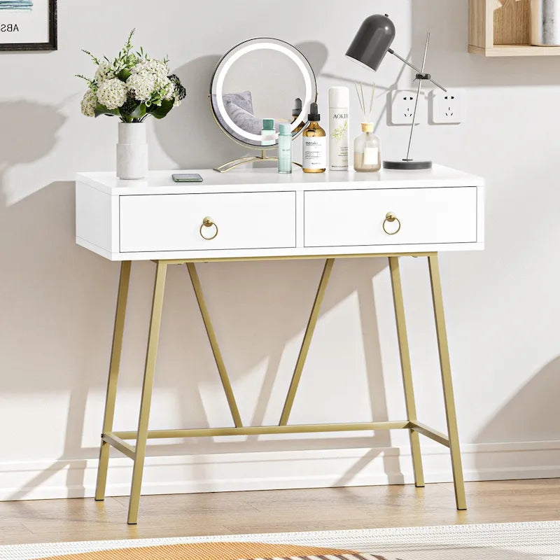 Bureau moderne Anmytek pour la maison, coiffeuse blanche 35,4 cm avec 2 tiroirs et pieds dorés.