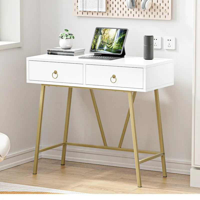 Bureau moderne Anmytek pour la maison, coiffeuse blanche 35,4 cm avec 2 tiroirs et pieds dorés.