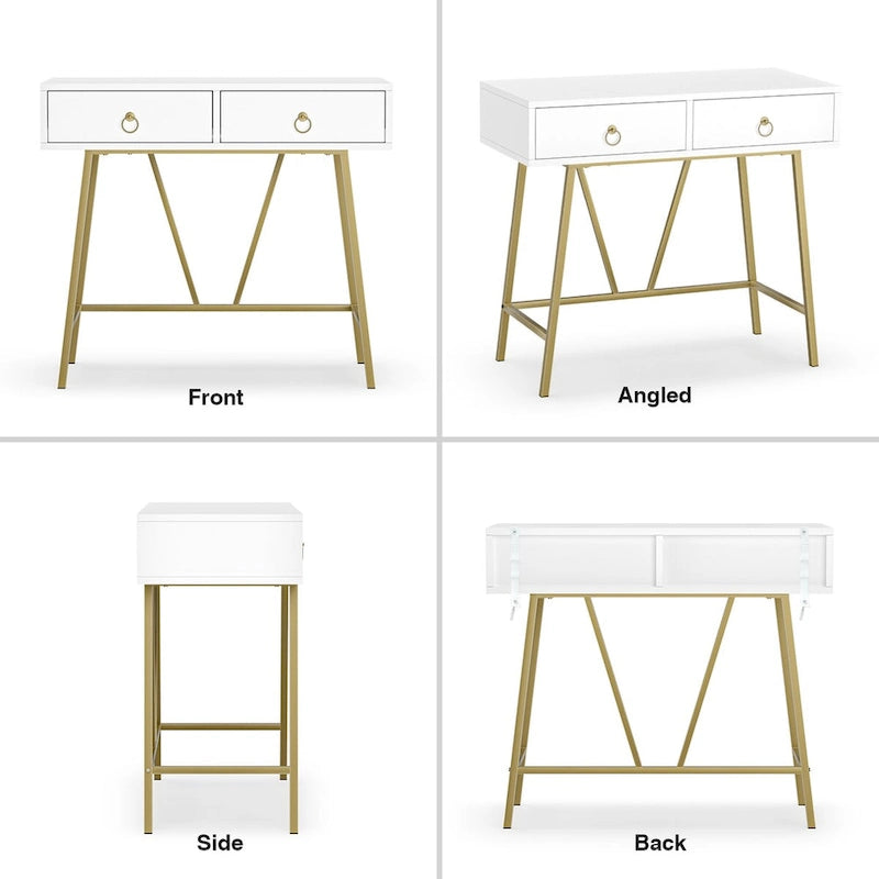 Bureau moderne Anmytek pour la maison, coiffeuse blanche 35,4 cm avec 2 tiroirs et pieds dorés.