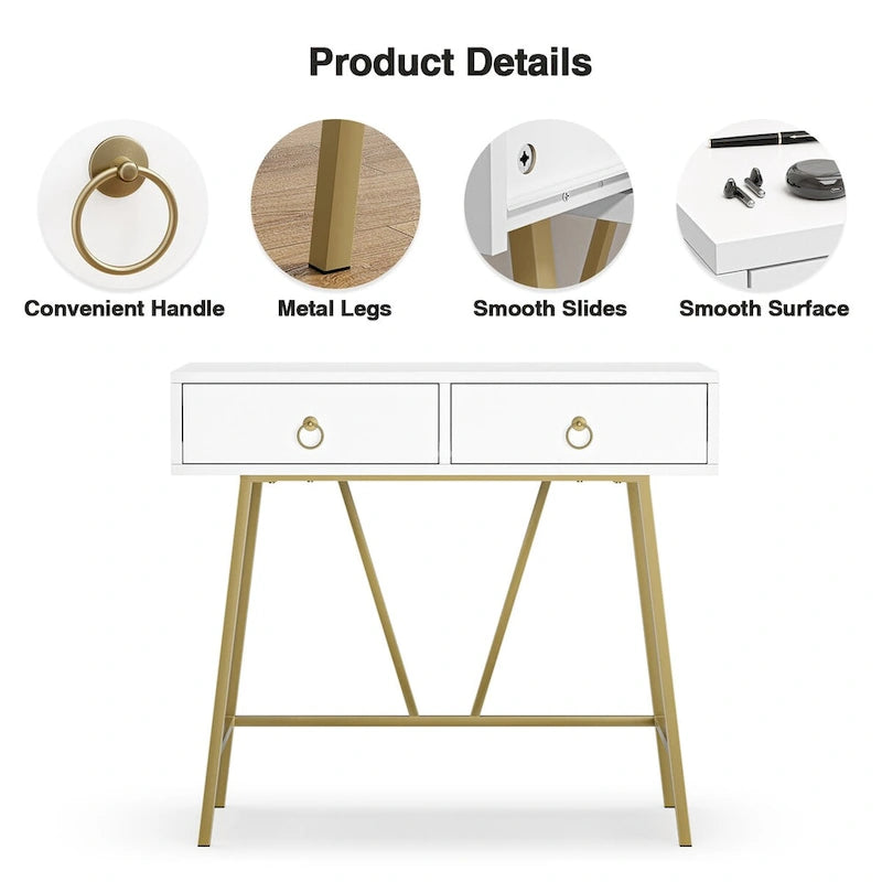 Bureau moderne Anmytek pour la maison, coiffeuse blanche 35,4 cm avec 2 tiroirs et pieds dorés.