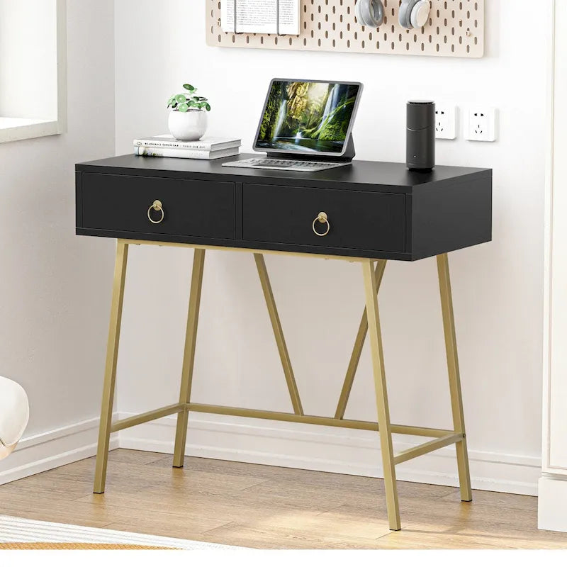 Bureau moderne Anmytek pour la maison, coiffeuse blanche 35,4 cm avec 2 tiroirs et pieds dorés.