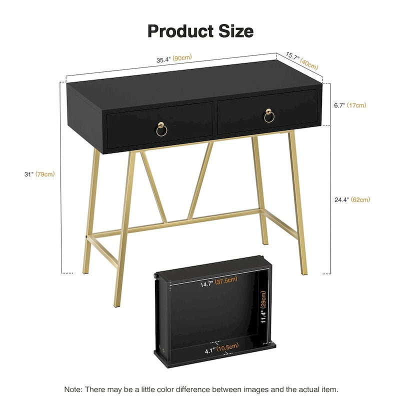 Bureau moderne Anmytek pour la maison, coiffeuse blanche 35,4 cm avec 2 tiroirs et pieds dorés.
