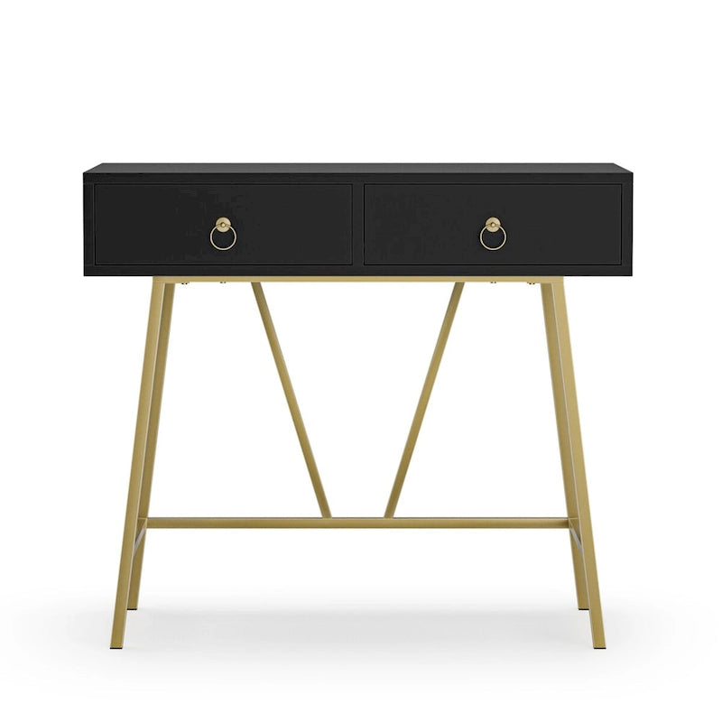 Bureau moderne Anmytek pour la maison, coiffeuse blanche 35,4 cm avec 2 tiroirs et pieds dorés.