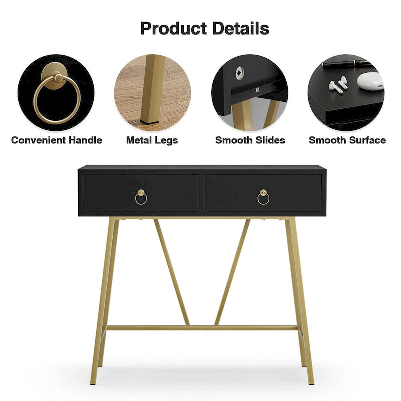 Bureau moderne Anmytek pour la maison, coiffeuse blanche 35,4 cm avec 2 tiroirs et pieds dorés.