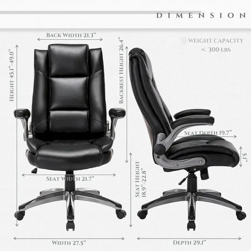 Fauteuil de direction en cuir - Fauteuil de bureau à dossier haut avec accoudoirs rembourrés relevables et inclinaison réglable.