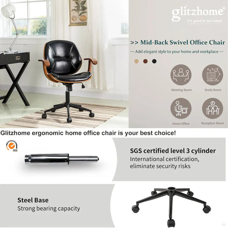 Chaise de bureau pivotante réglable en similicuir Glitzhome avec accoudoirs et design ergonomique
