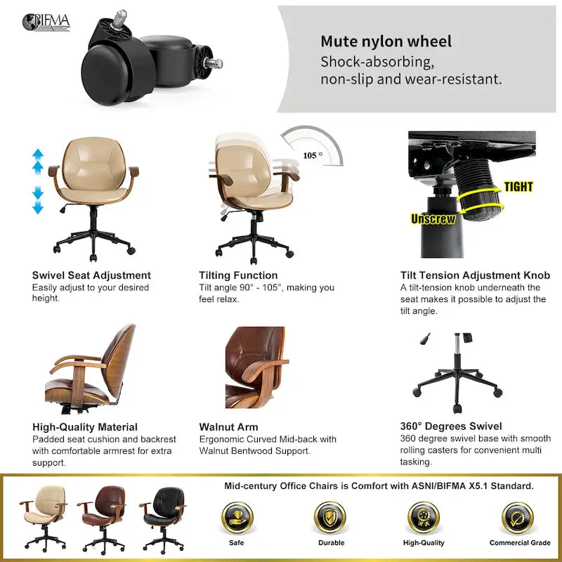 Chaise de bureau pivotante réglable en similicuir Glitzhome avec accoudoirs et design ergonomique