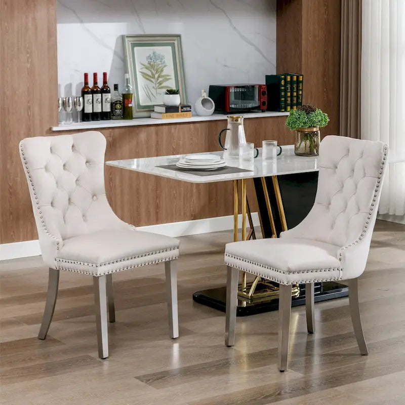 Chaise de salle à manger contemporaine haut de gamme en bois massif capitonné, revêtue de velours et dotée de pieds en acier inoxydable chromé, lot de 2