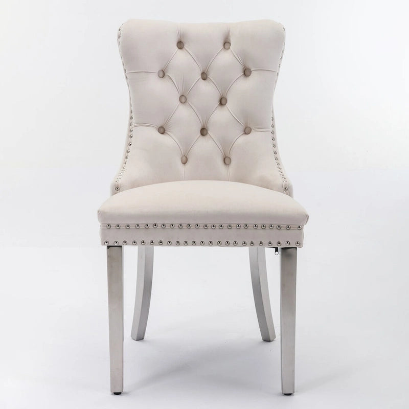 Chaise de salle à manger contemporaine haut de gamme en bois massif capitonné, revêtue de velours et dotée de pieds en acier inoxydable chromé, lot de 2