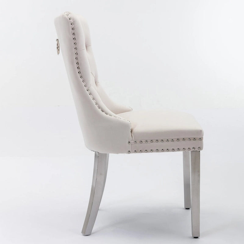 Chaise de salle à manger contemporaine haut de gamme en bois massif capitonné, revêtue de velours et dotée de pieds en acier inoxydable chromé, lot de 2