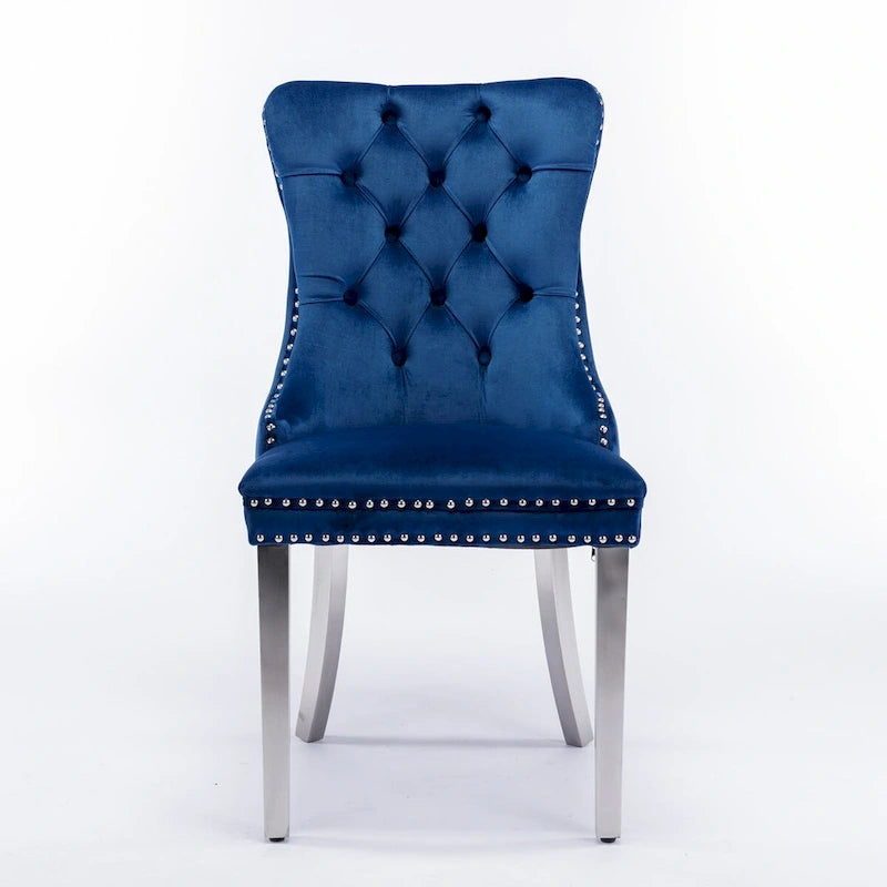 Chaise de salle à manger contemporaine haut de gamme en bois massif capitonné, revêtue de velours et dotée de pieds en acier inoxydable chromé, lot de 2