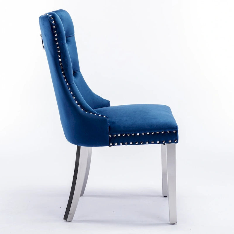 Chaise de salle à manger contemporaine haut de gamme en bois massif capitonné, revêtue de velours et dotée de pieds en acier inoxydable chromé, lot de 2