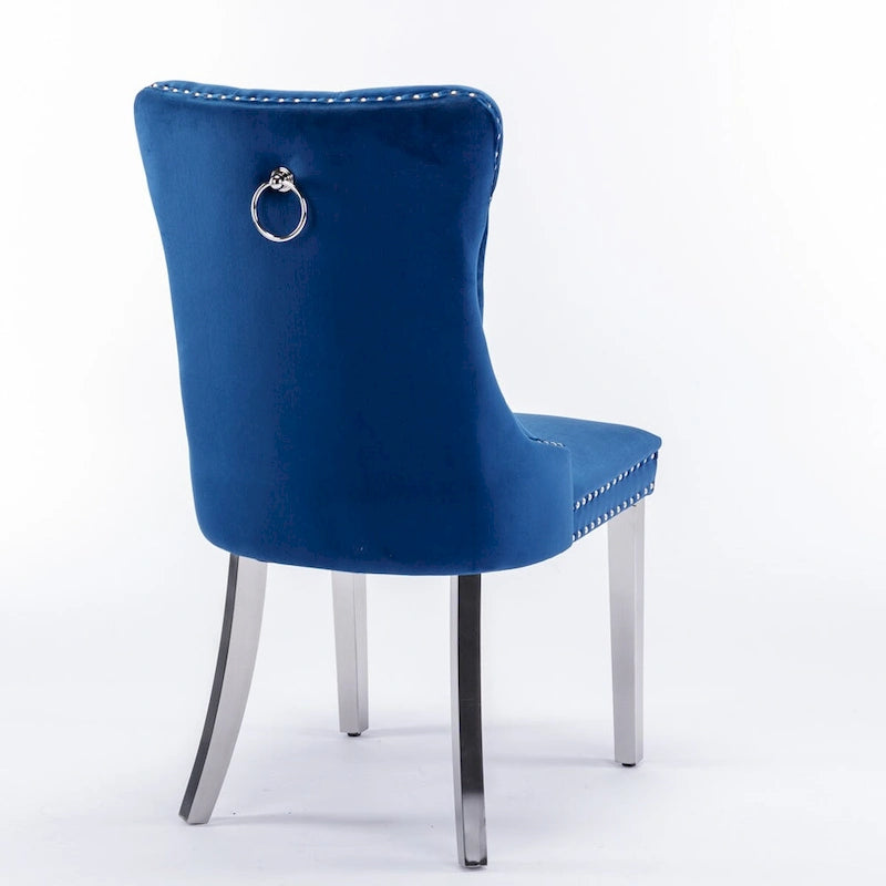 Chaise de salle à manger contemporaine haut de gamme en bois massif capitonné, revêtue de velours et dotée de pieds en acier inoxydable chromé, lot de 2