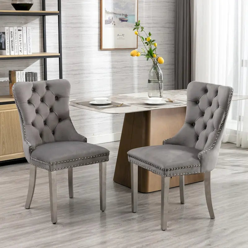 Chaise de salle à manger contemporaine haut de gamme en bois massif capitonné, revêtue de velours et dotée de pieds en acier inoxydable chromé, lot de 2