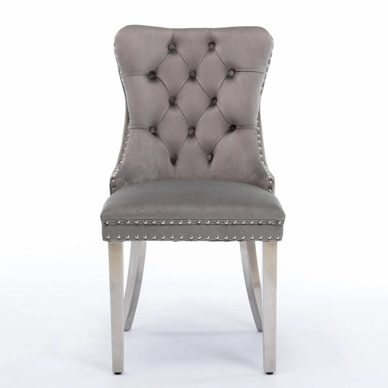 Chaise de salle à manger contemporaine haut de gamme en bois massif capitonné, revêtue de velours et dotée de pieds en acier inoxydable chromé, lot de 2