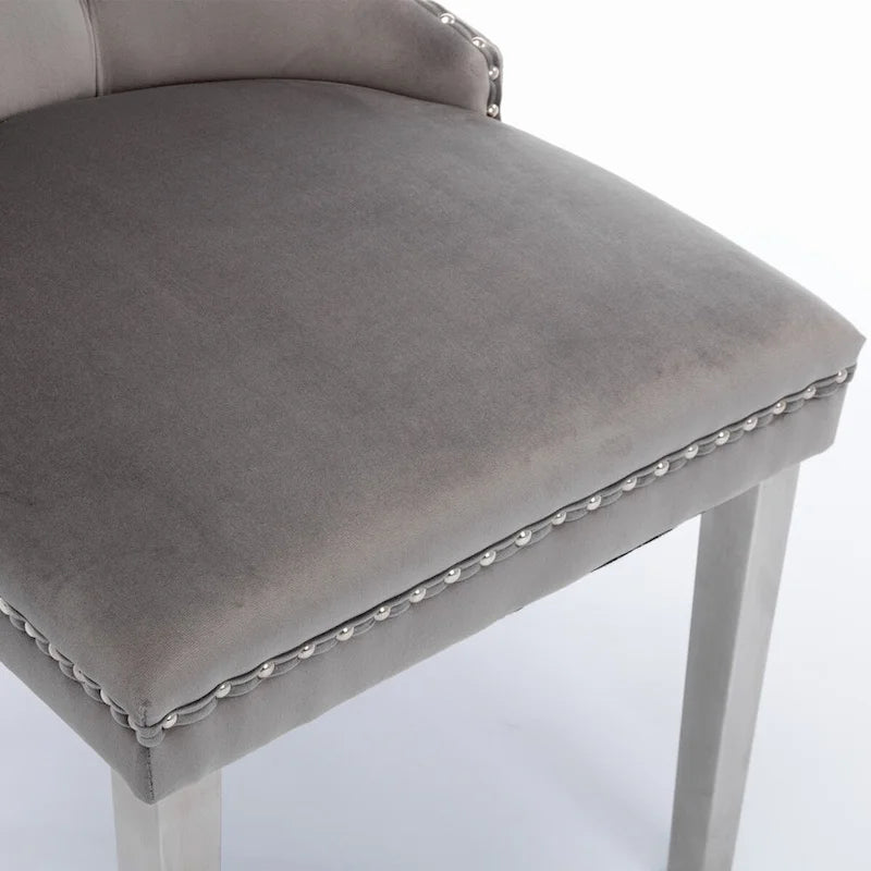 Chaise de salle à manger contemporaine haut de gamme en bois massif capitonné, revêtue de velours et dotée de pieds en acier inoxydable chromé, lot de 2