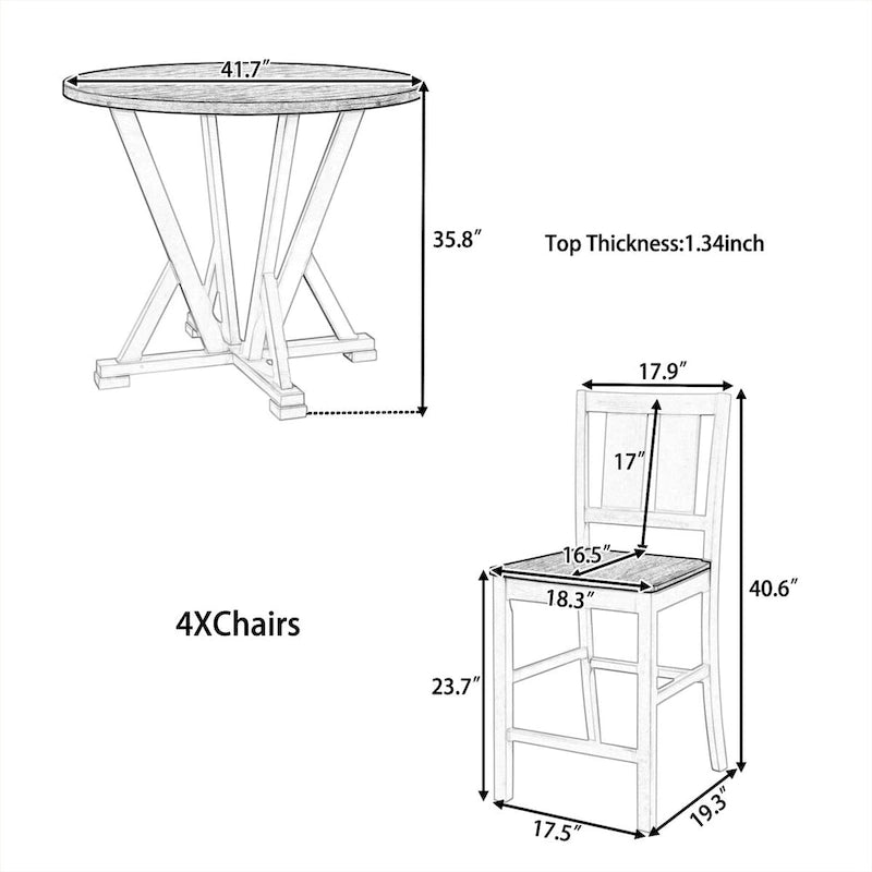Ensemble de table à manger rustique de style ferme, 5 pièces, hauteur comptoir