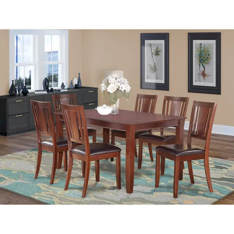 East West Furniture 7 Piece Kitchen Table & Chairs Set- a Rectangle Dining Room Table and 6 Faux Leather Dining Chairs, Mahogany