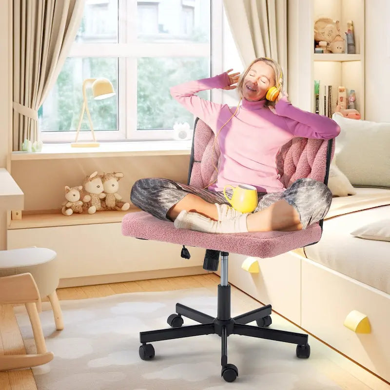 Chaise de bureau EROMMY à jambes croisées, sans accoudoirs, avec roulettes et hauteur réglable. Idéale pour le bureau, la chambre ou le salon.