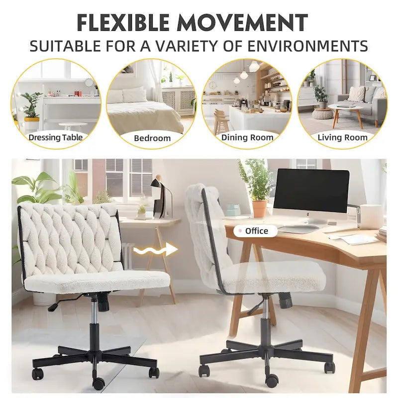 Chaise de bureau EROMMY à jambes croisées, sans accoudoirs, avec roulettes et hauteur réglable. Idéale pour le bureau, la chambre ou le salon.