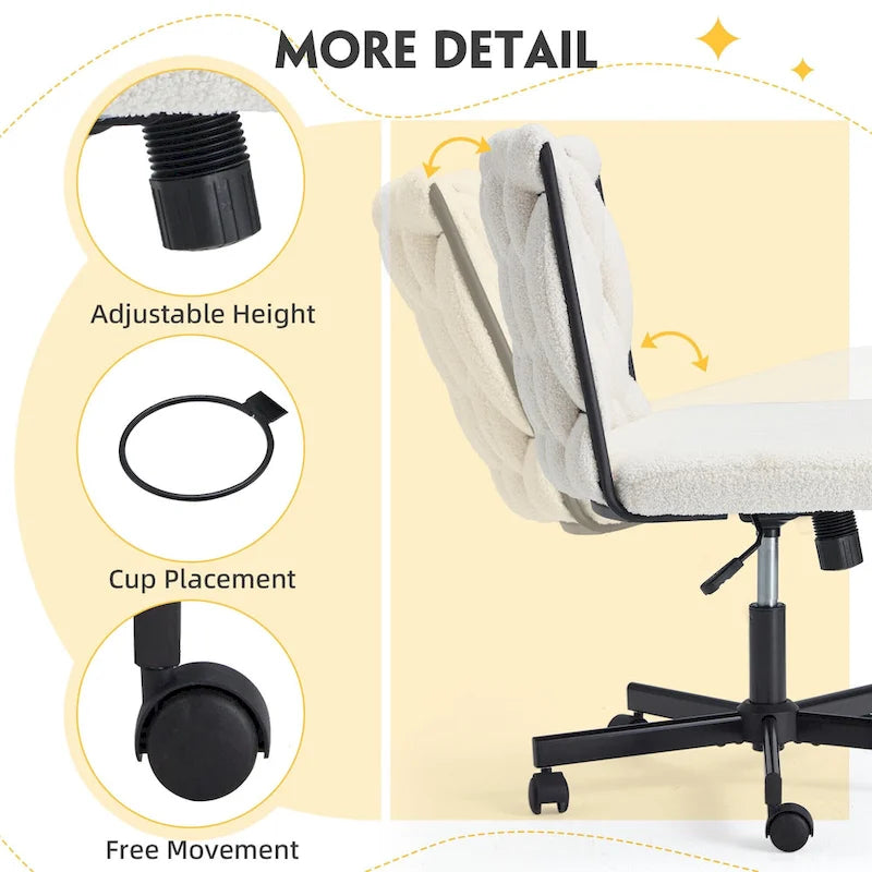 Chaise de bureau EROMMY à jambes croisées, sans accoudoirs, avec roulettes et hauteur réglable. Idéale pour le bureau, la chambre ou le salon.
