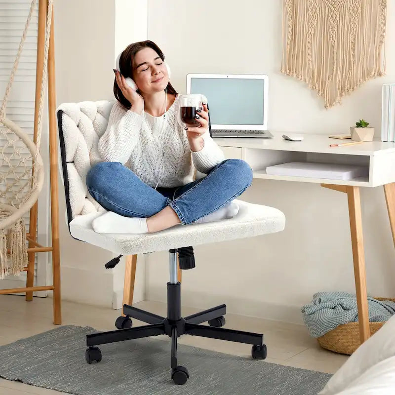 Chaise de bureau EROMMY à jambes croisées, sans accoudoirs, avec roulettes et hauteur réglable. Idéale pour le bureau, la chambre ou le salon.