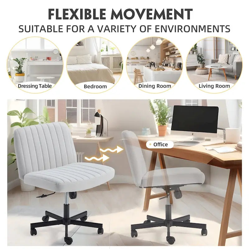 Chaise de bureau EROMMY à jambes croisées, sans accoudoirs, avec roulettes et hauteur réglable. Idéale pour le bureau, la chambre ou le salon.