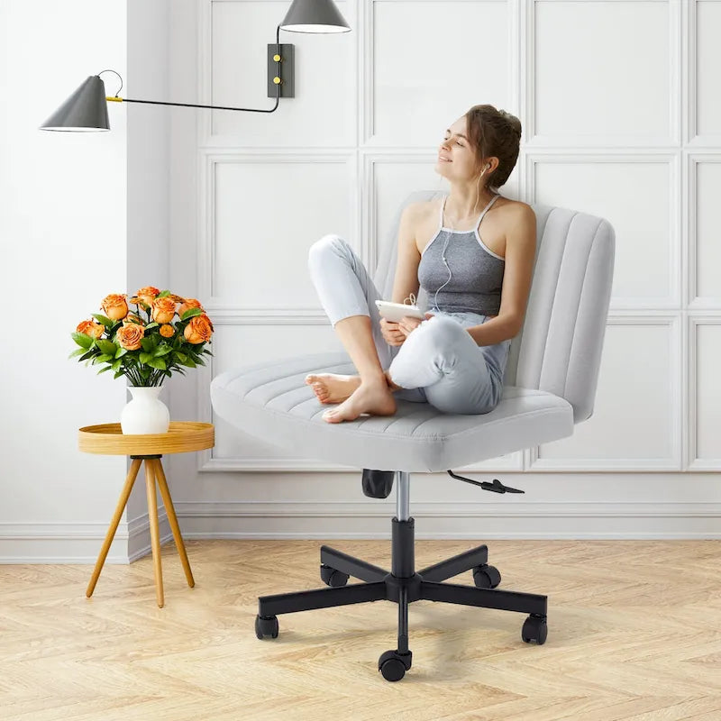 Chaise de bureau EROMMY à jambes croisées, sans accoudoirs, avec roulettes et hauteur réglable. Idéale pour le bureau, la chambre ou le salon.