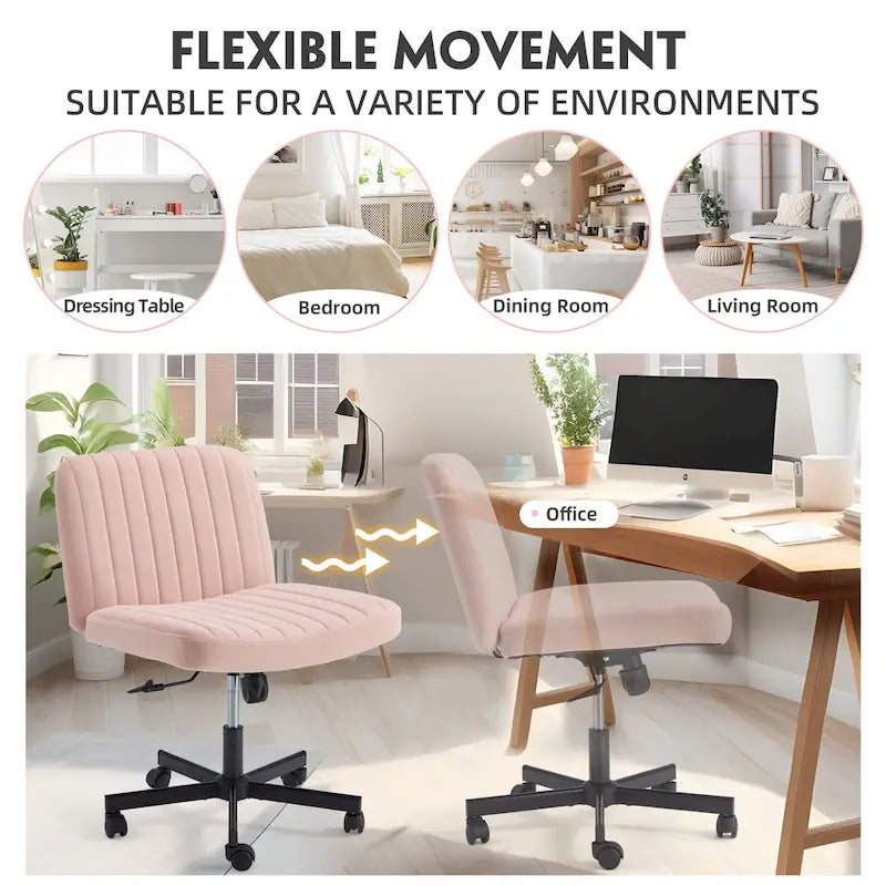 Chaise de bureau EROMMY à jambes croisées, sans accoudoirs, avec roulettes et hauteur réglable. Idéale pour le bureau, la chambre ou le salon.