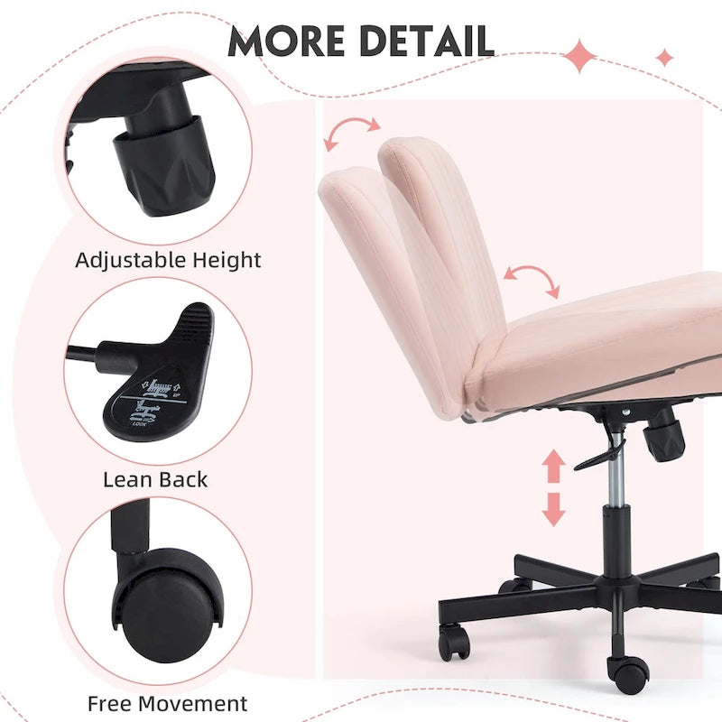 Chaise de bureau EROMMY à jambes croisées, sans accoudoirs, avec roulettes et hauteur réglable. Idéale pour le bureau, la chambre ou le salon.