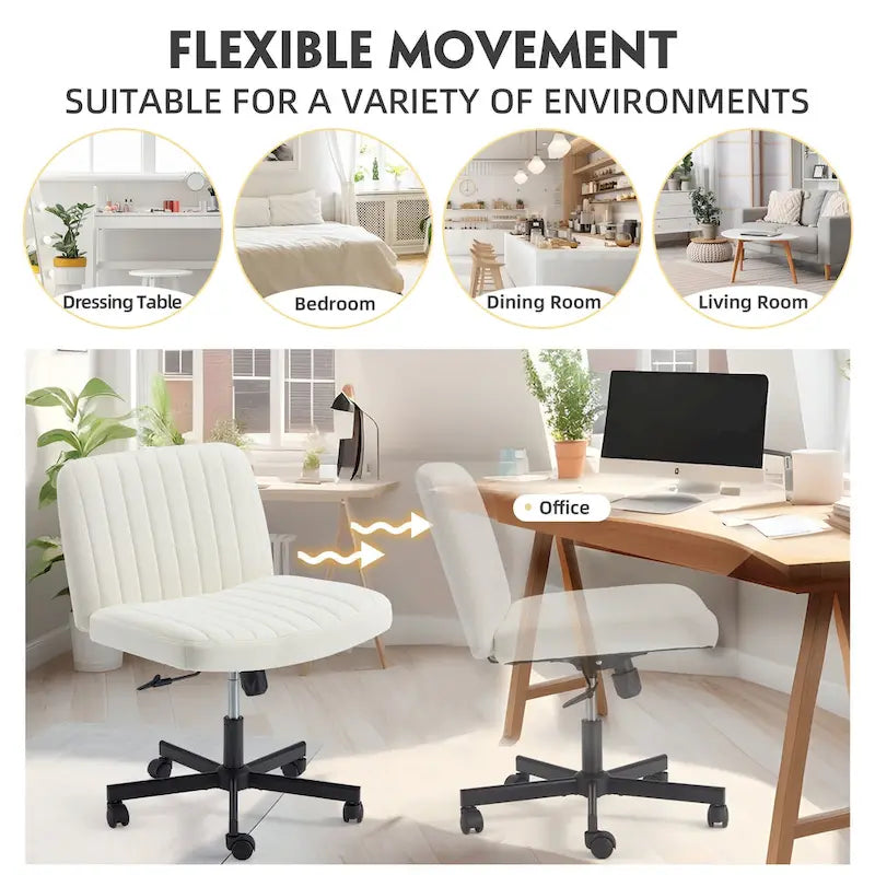 Chaise de bureau EROMMY à jambes croisées, sans accoudoirs, avec roulettes et hauteur réglable. Idéale pour le bureau, la chambre ou le salon.