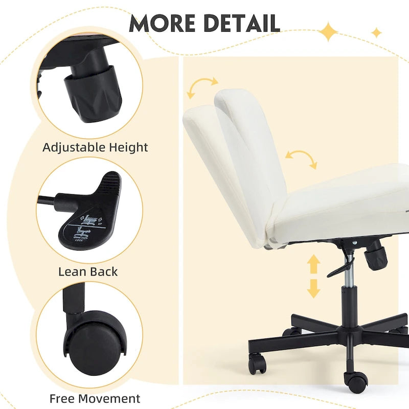 Chaise de bureau EROMMY à jambes croisées, sans accoudoirs, avec roulettes et hauteur réglable. Idéale pour le bureau, la chambre ou le salon.