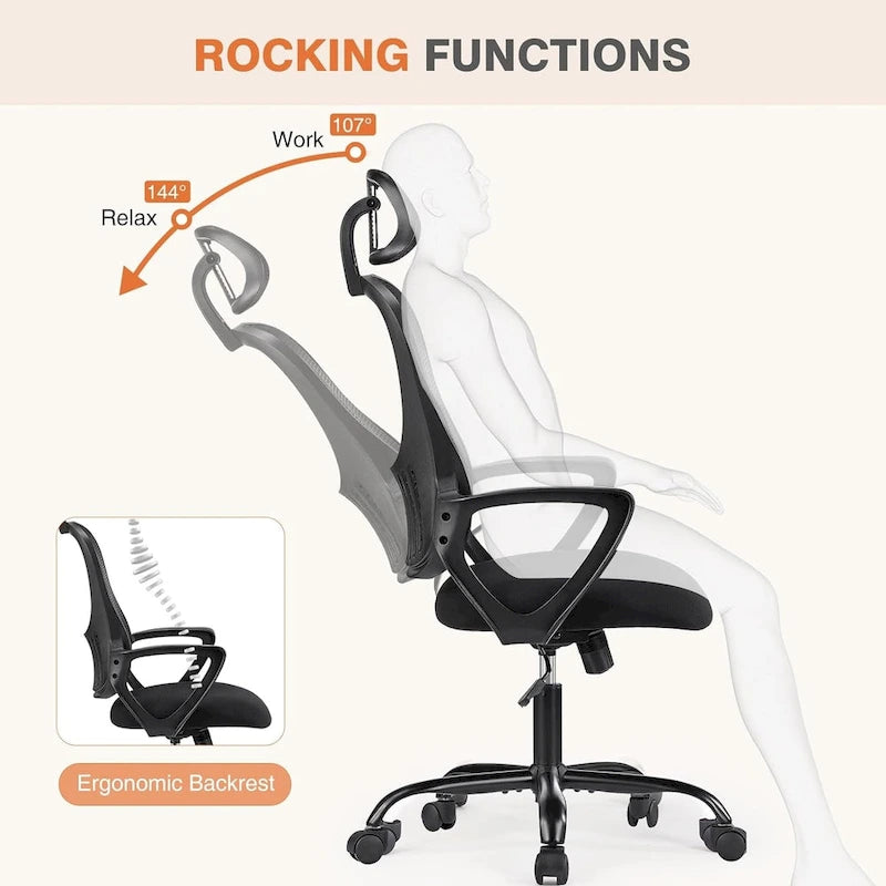 Chaise de bureau ergonomique, chaise de bureau à dossier haut avec appui-tête, chaise de bureau pivotante en maille pour ordinateur à domicile
