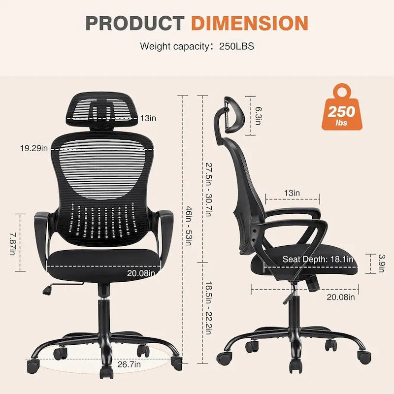 Chaise de bureau ergonomique, chaise de bureau à dossier haut avec appui-tête, chaise de bureau pivotante en maille pour ordinateur à domicile