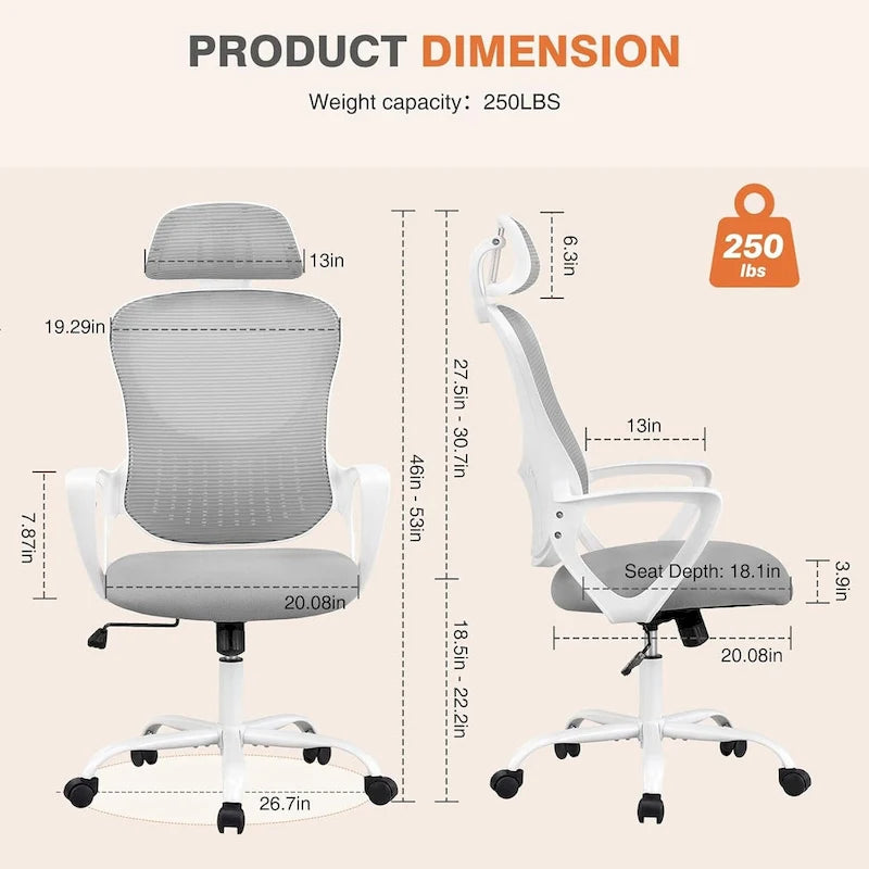 Chaise de bureau ergonomique, chaise de bureau à dossier haut avec appui-tête, chaise de bureau pivotante en maille pour ordinateur à domicile