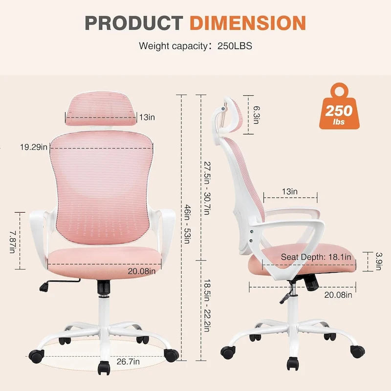 Chaise de bureau ergonomique, chaise de bureau à dossier haut avec appui-tête, chaise de bureau pivotante en maille pour ordinateur à domicile
