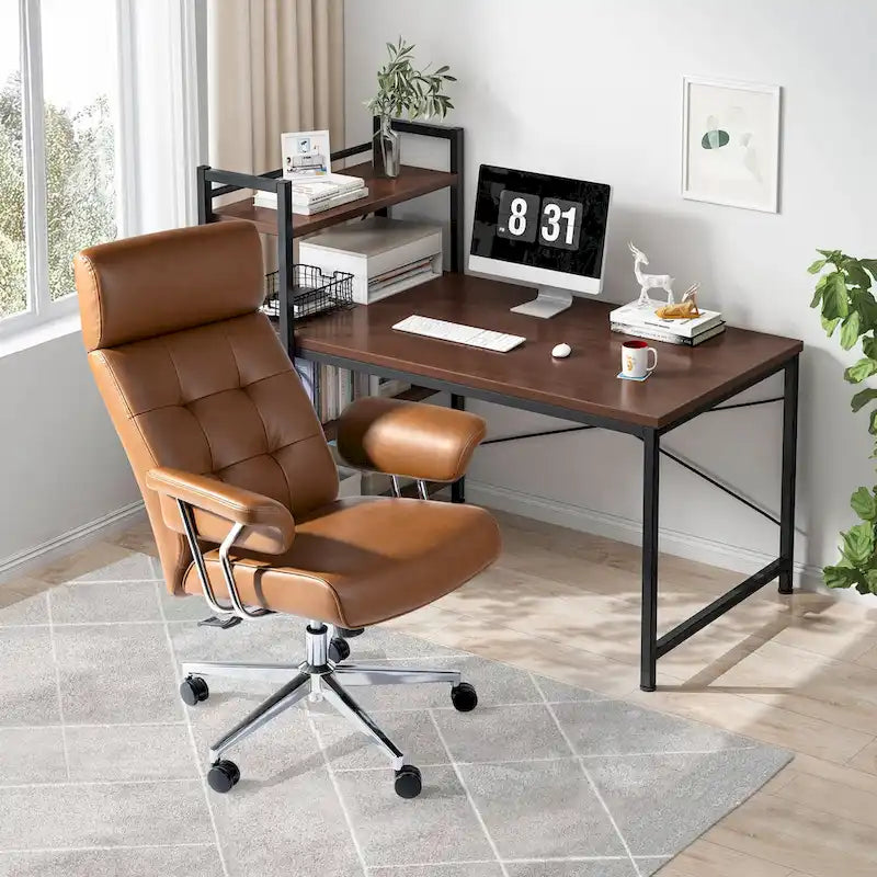 Fauteuil de bureau pivotant à dossier haut réglable en similicuir marron Glitzhome, style moderne du milieu du siècle, avec accoudoirs et vérin à gaz